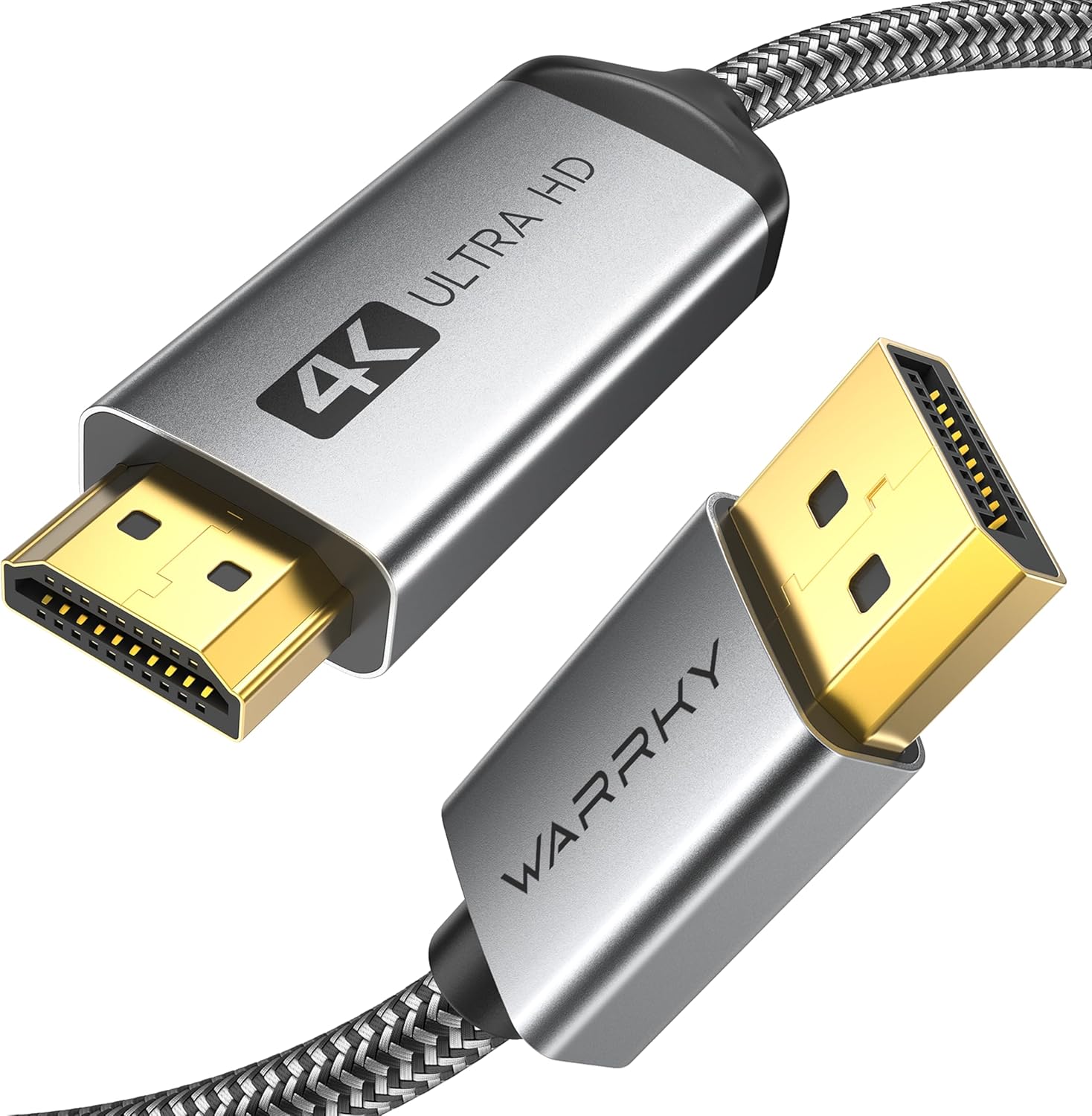 WARRKY 4K DisplayPort to HDMI Cable front view showing gold plated connectors