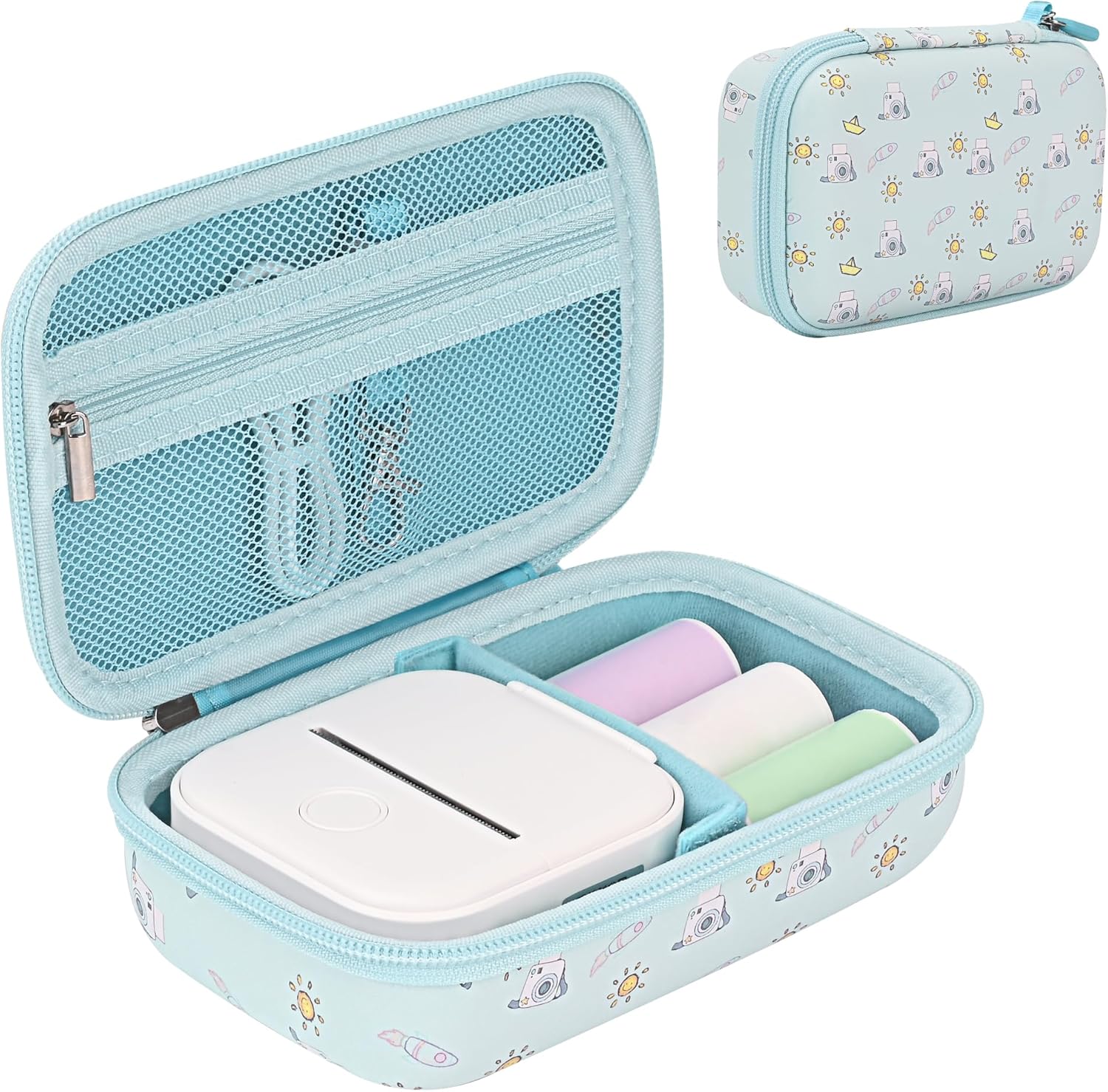 Grapsa portable sticker printer case front view showing light blue hard shell exterior.