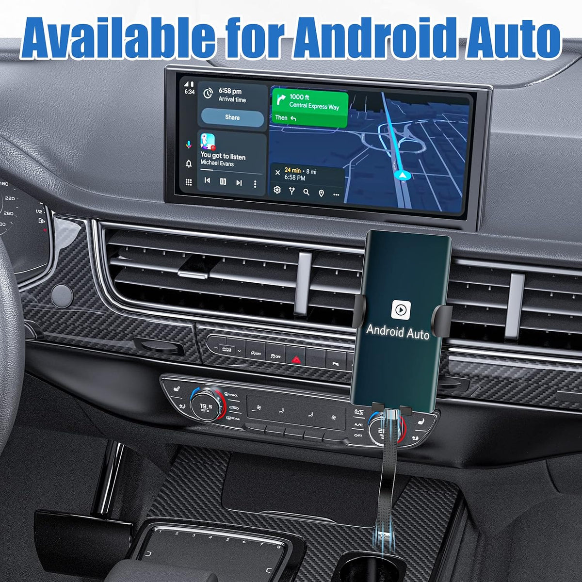 Rixmie cable plugged into a car dashboard Android Auto port