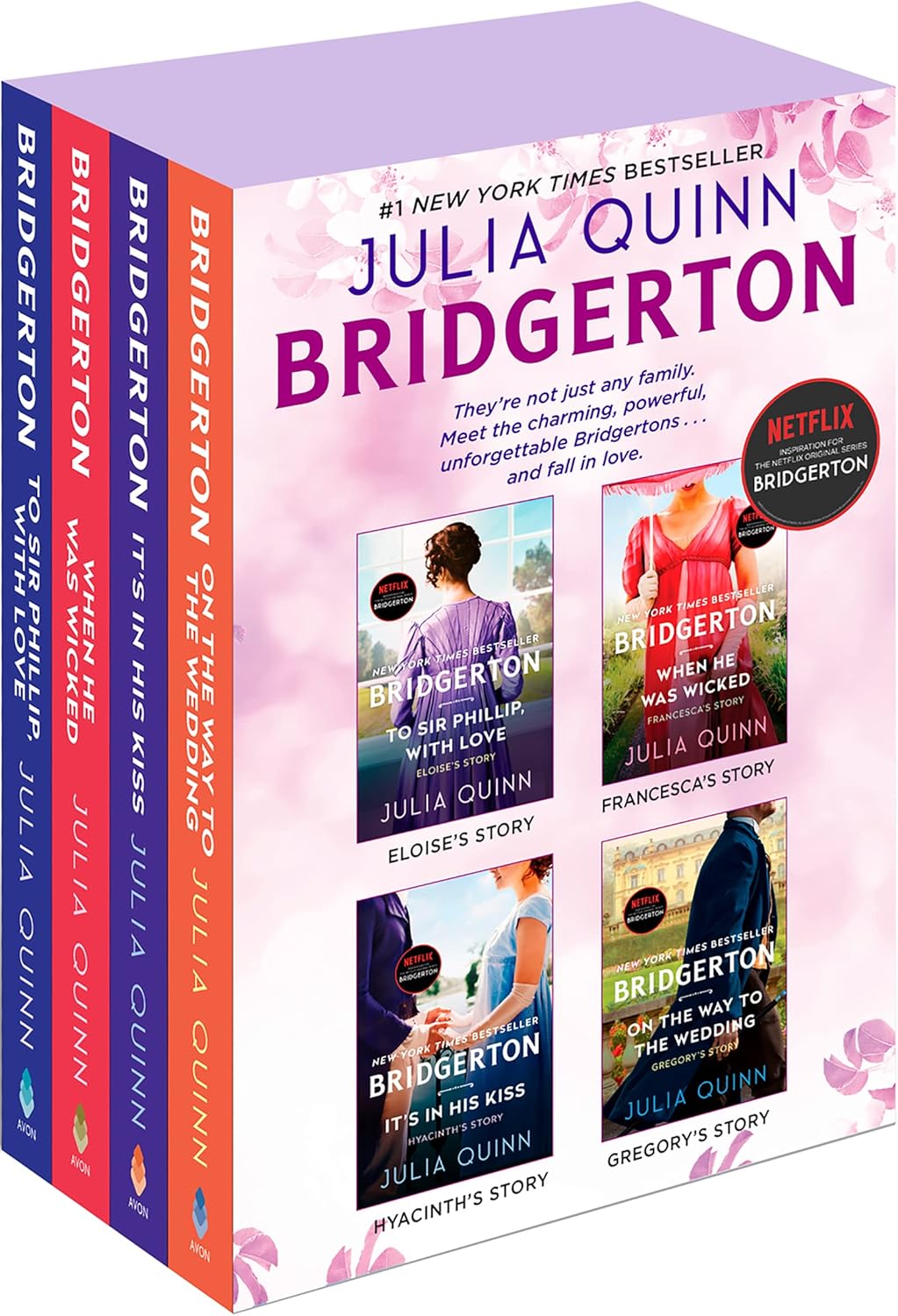 Julia Quinn Bridgerton Boxed Set Books 5 to 8 paperback front view showcasing authentic Netflix tie-in covers