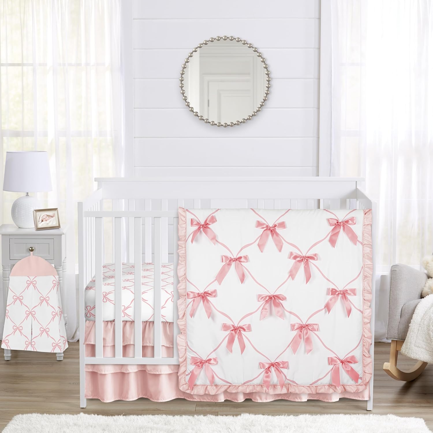 Sweet Jojo Designs Pink Bows 4-piece baby crib bedding set showcasing front view of white comforter with pink ruffles