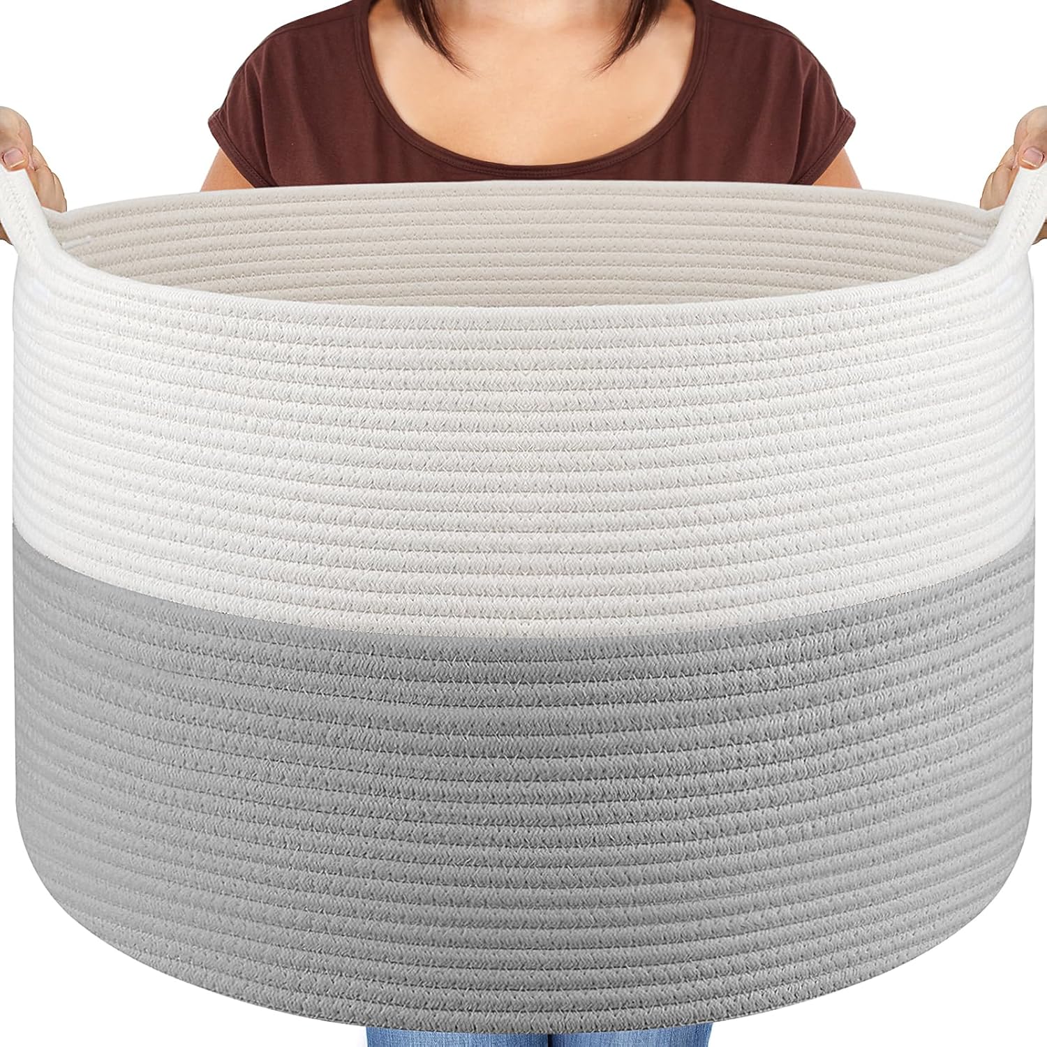 Maliton cotton rope blanket basket front view in living room setup