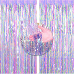 FECEDY Metallic Tinsel Foil Fringe Curtains 2 count front view showing colorful iridescent shimmer