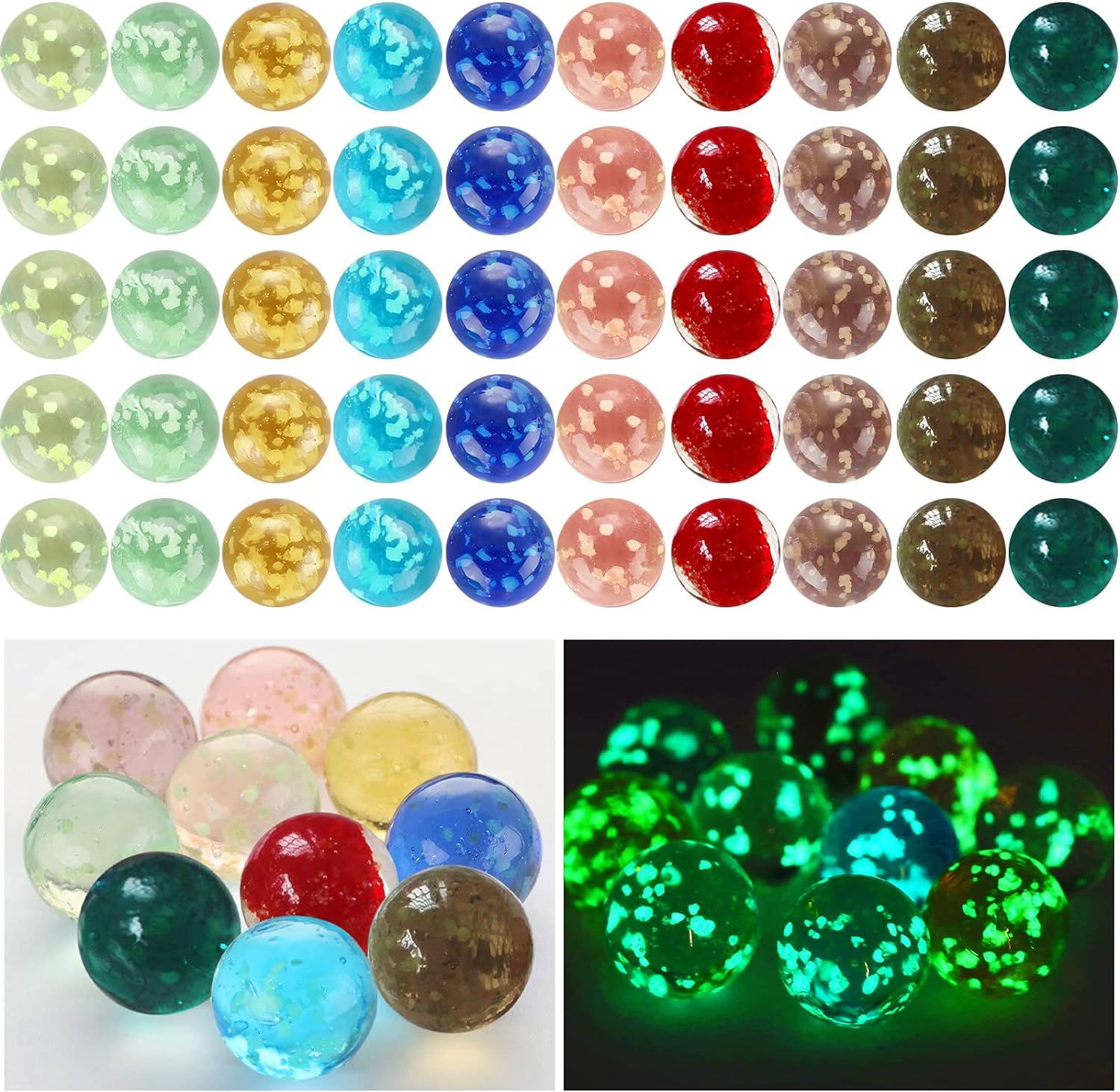 Skylety 50 Pieces Glow in the Dark Glass Marbles set shown in its full packaging assortment.