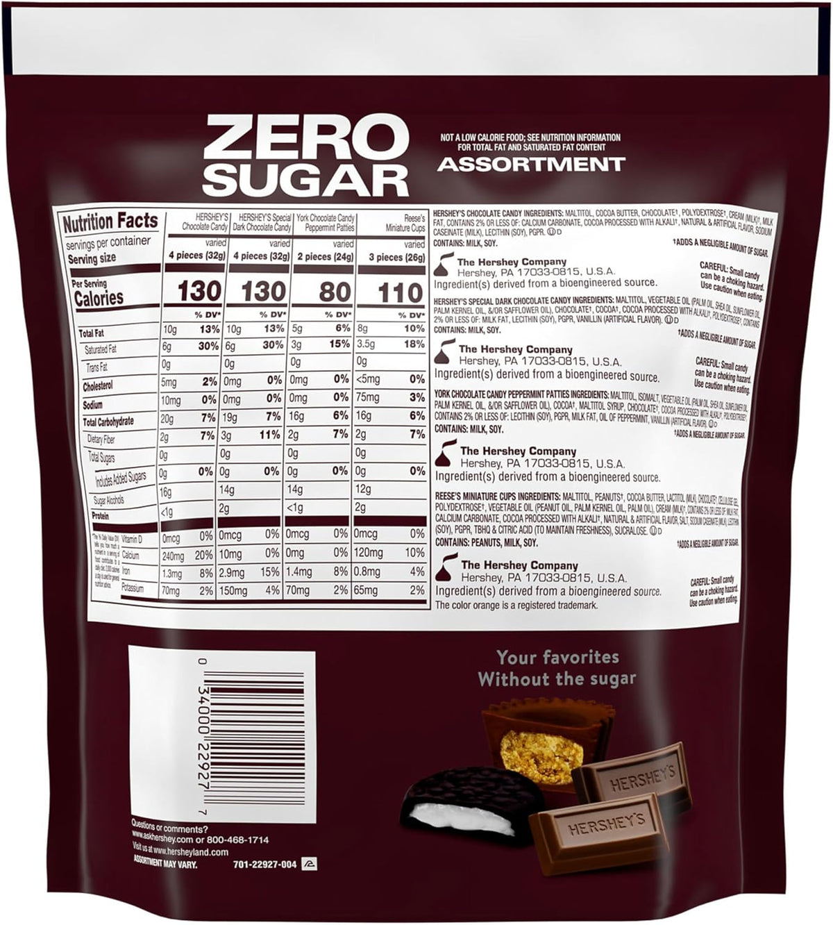 Close-up of individually wrapped sugar-free Hershey's dark chocolate bars and Reese's peanut butter cups