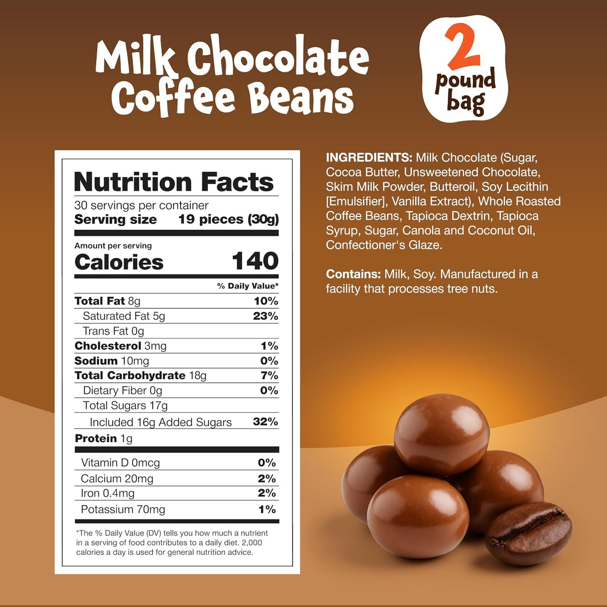 Glossy chocolate coated dragées espresso coffee beans poured in a glass serving bowl