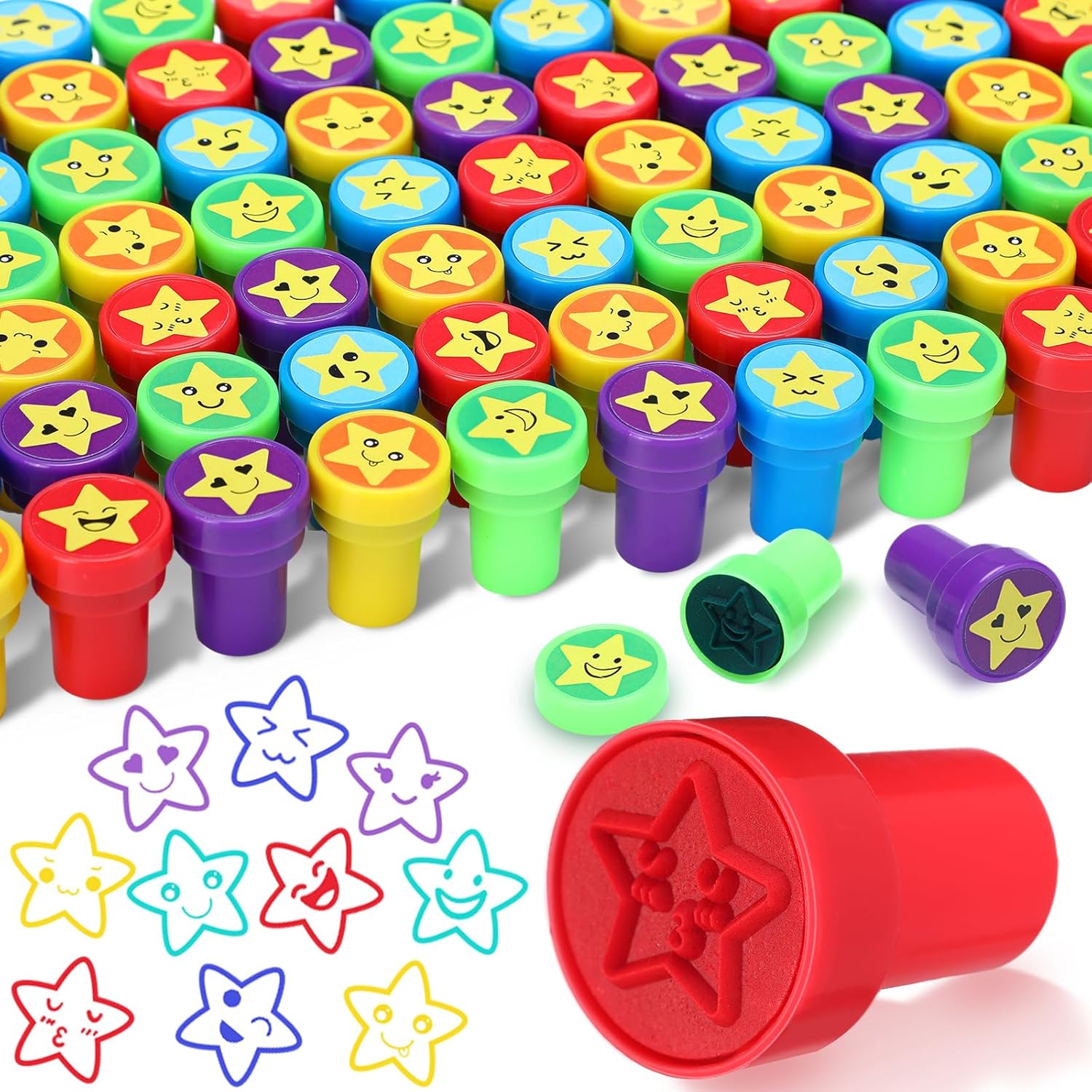 Yexiya star stampers bulk pack front view showing colorful assortment of teacher review stamps.