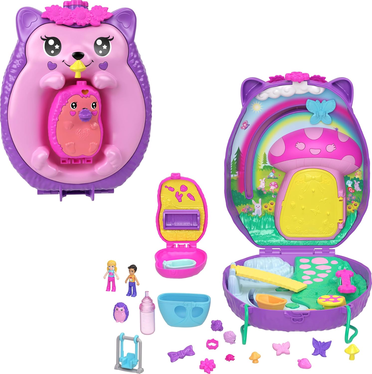 Polly Pocket 2-in-1 Hedgehog Purse Playset front view showing closed wearable animal handbag with strap.
