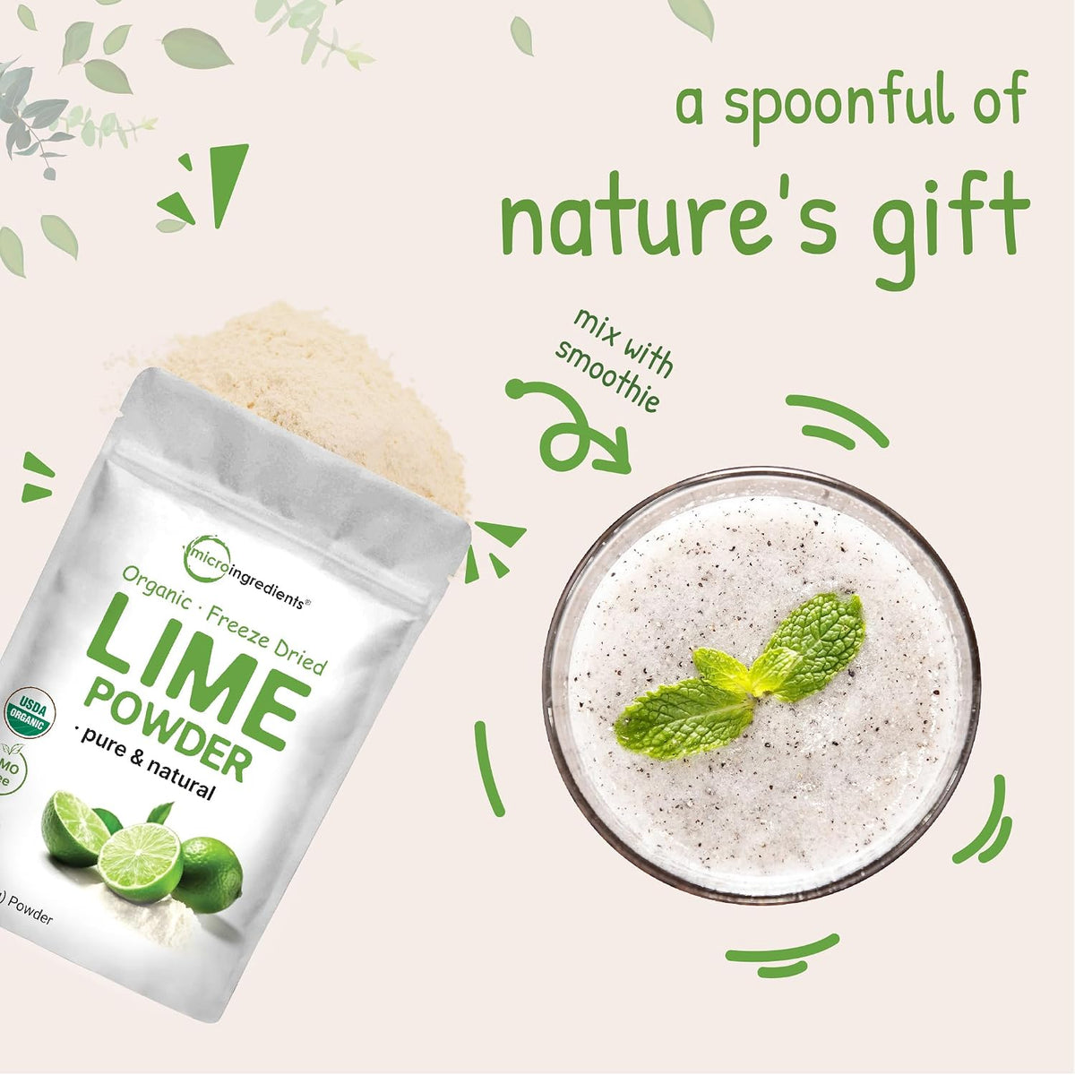 Micro Ingredients Organic Freeze-Dried Lime Powder pouch size reference