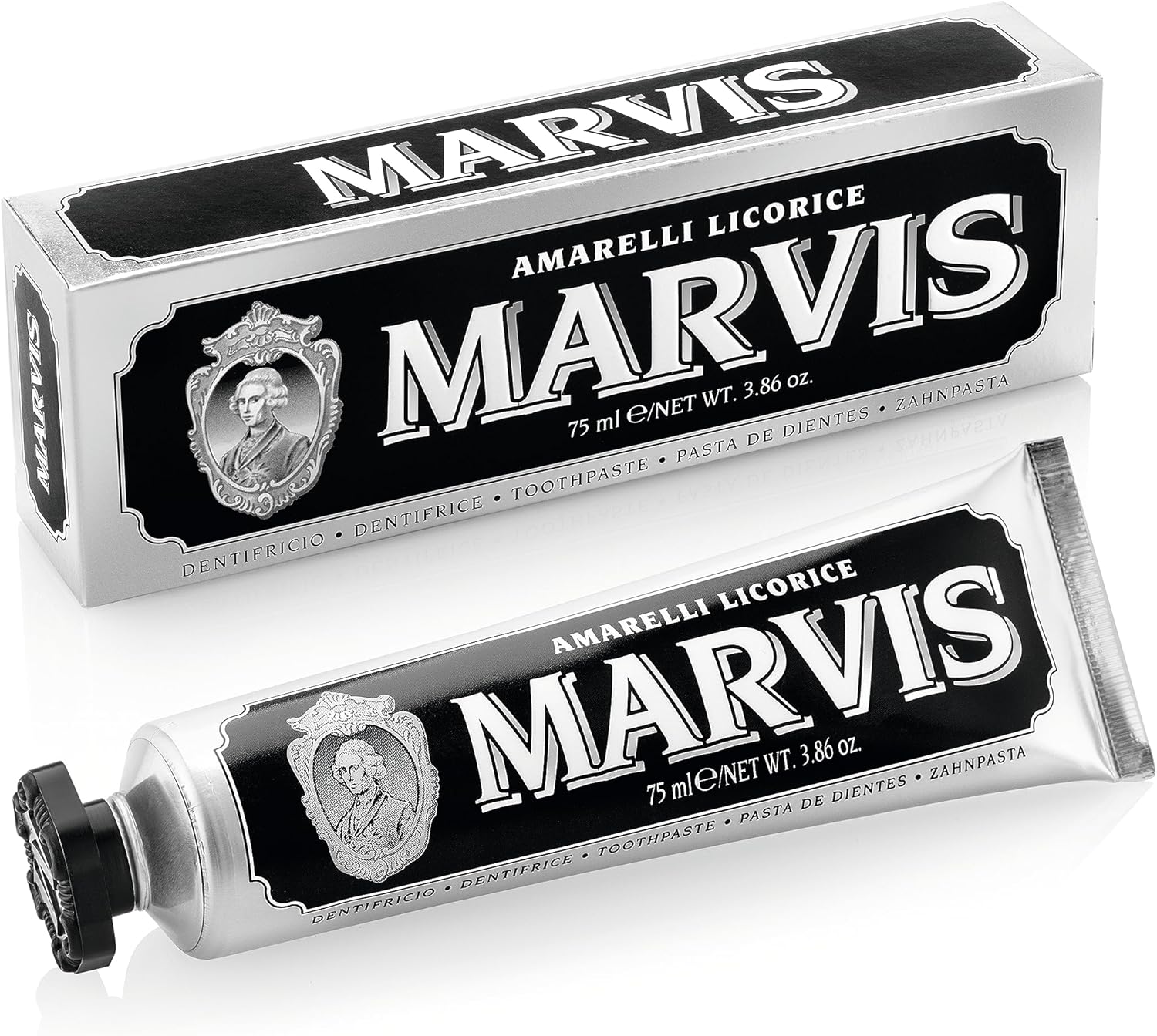 Marvis Amarelli Licorice Mint Toothpaste front view of luxury black tube and packaging box