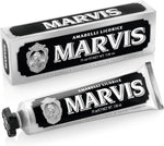 Marvis Amarelli Licorice Mint Toothpaste front view of luxury black tube and packaging box