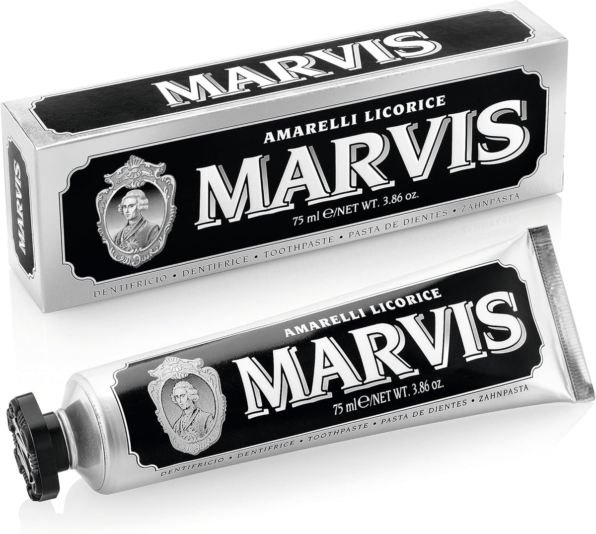 Marvis Amarelli Licorice Mint Toothpaste front view of luxury black tube and packaging box