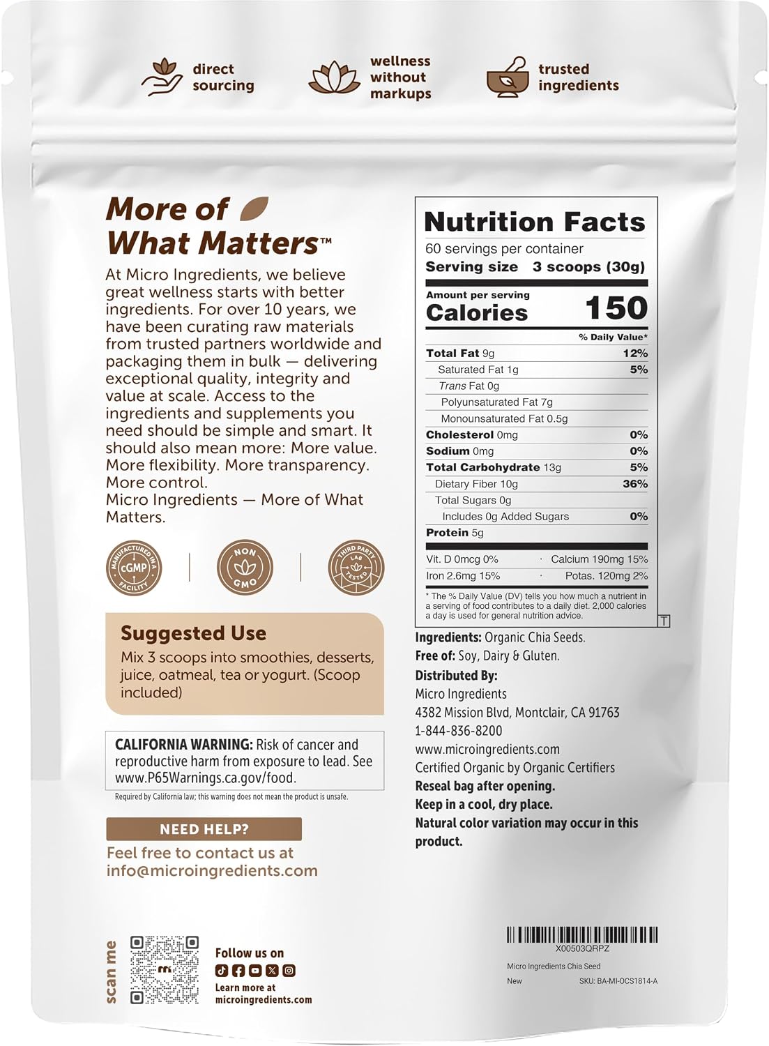 Micro Ingredients raw chia seeds bulk pouch nutrition facts