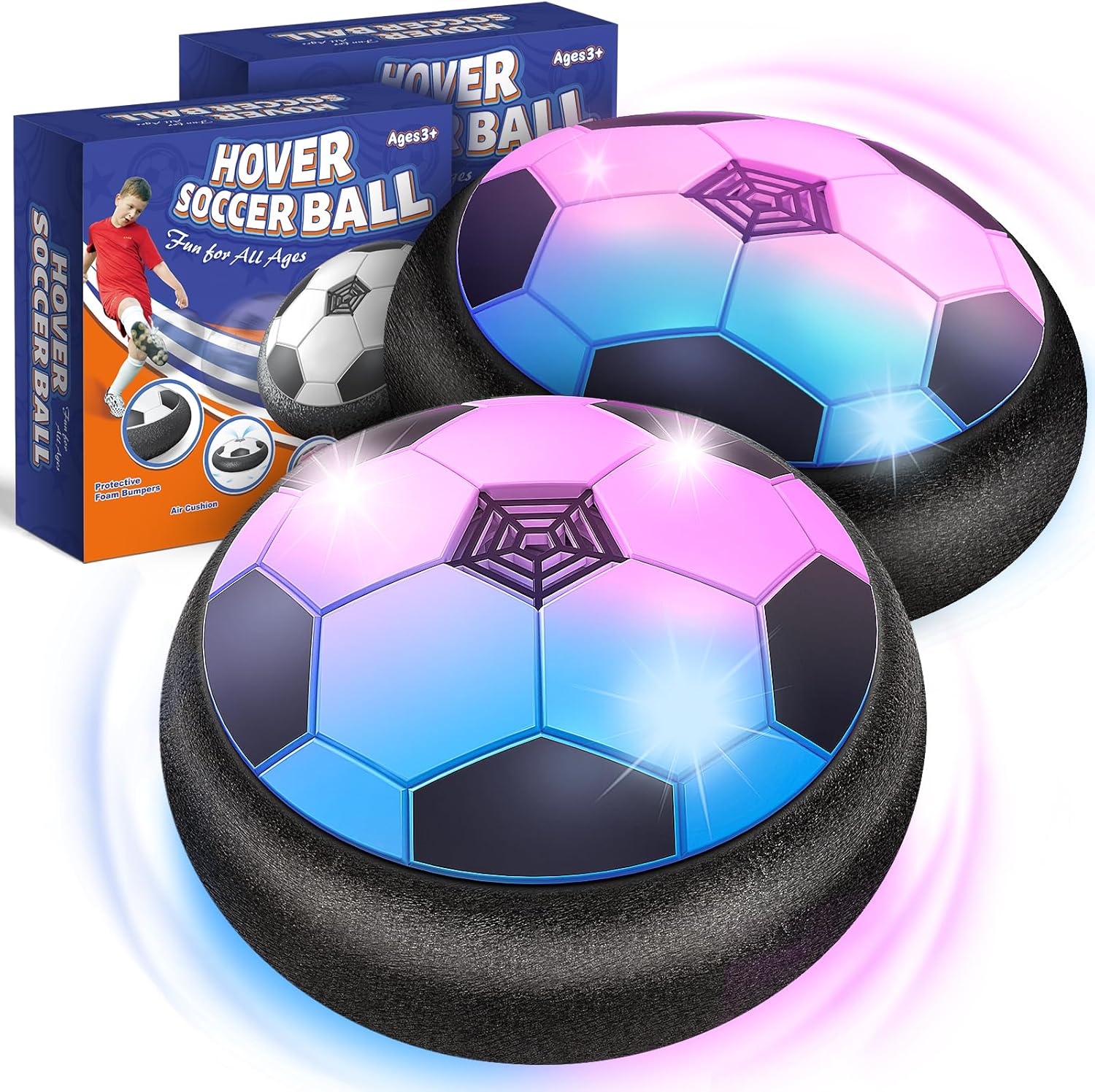 Officygnet hover soccer ball toys 2 pack front view showing illuminated LED lights and black foam bumpers on a tiled floor.