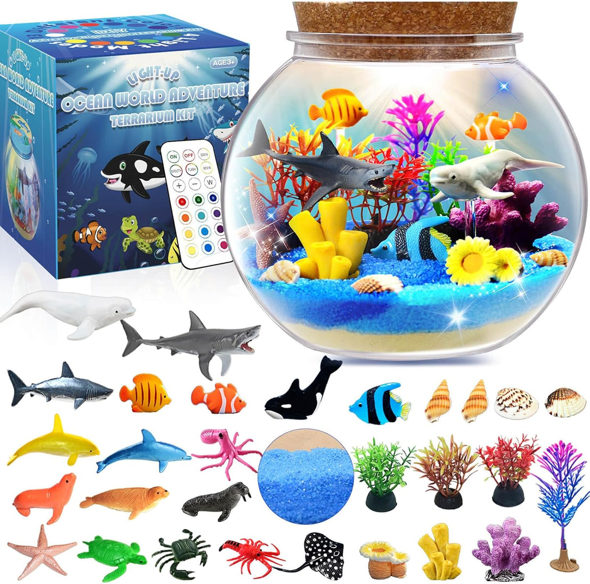 Kiddgroo Ocean Light Up Terrarium Kit front view with LED lit