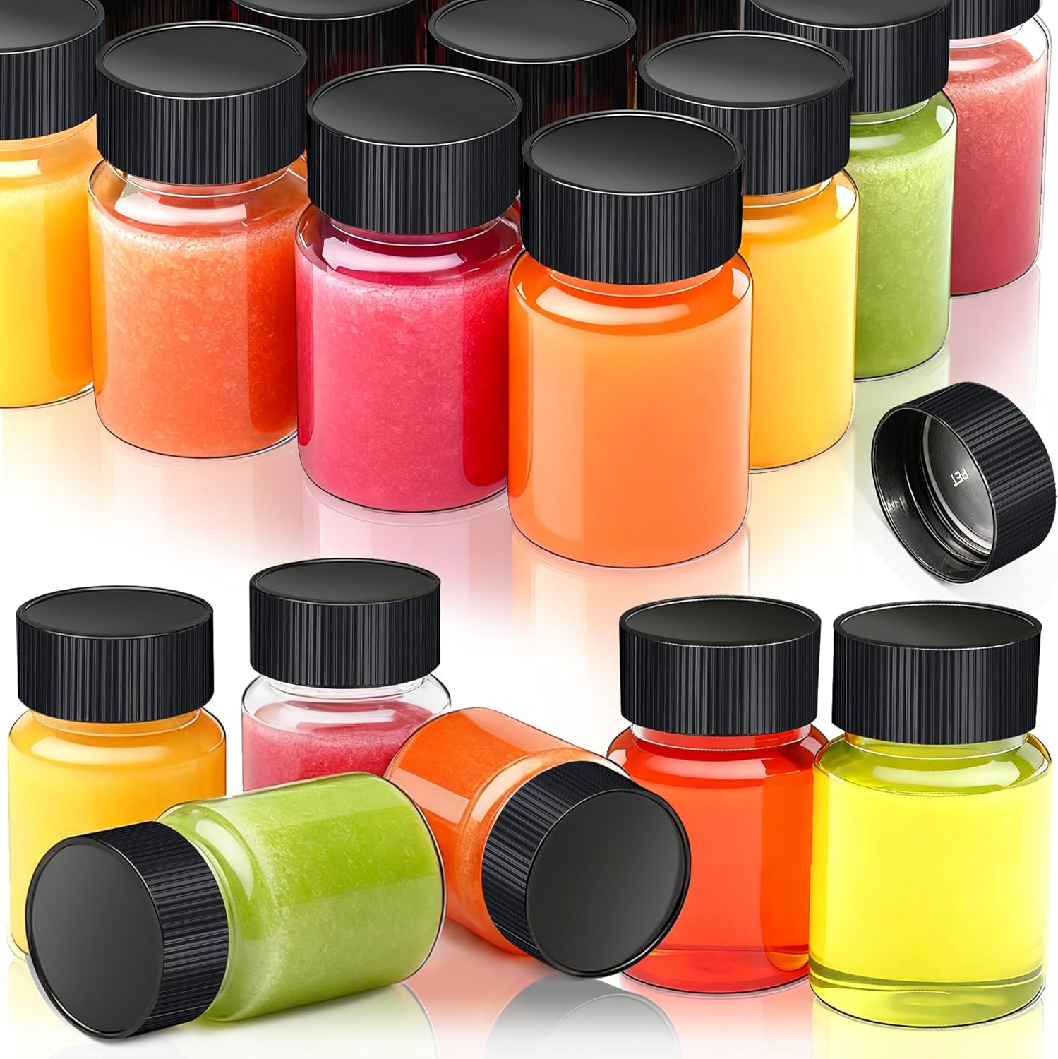YZXODN 2 Ounce Plastic Shot Bottles 25 Pack front view showing empty clear containers with black screw caps