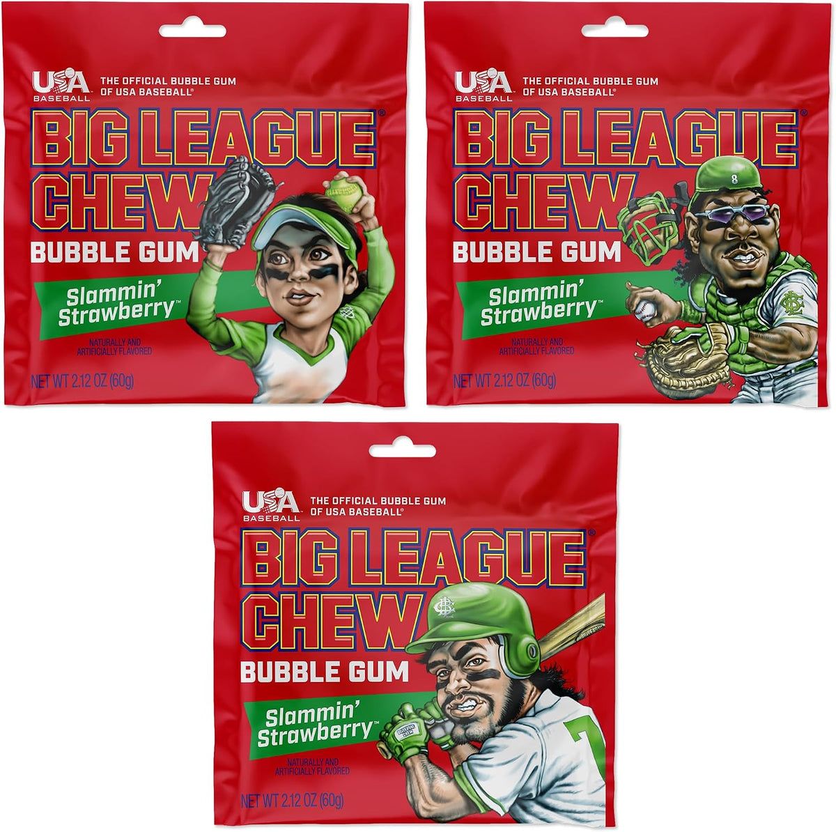 Back label information on the Big League Chew original bubble gum three pack showing ingredients.