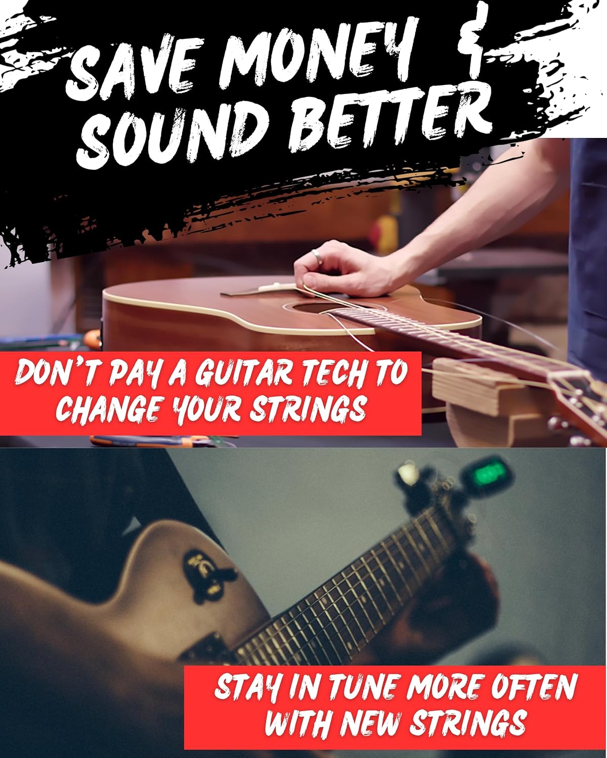 Universal tuning peg fit demonstration on guitar headstock