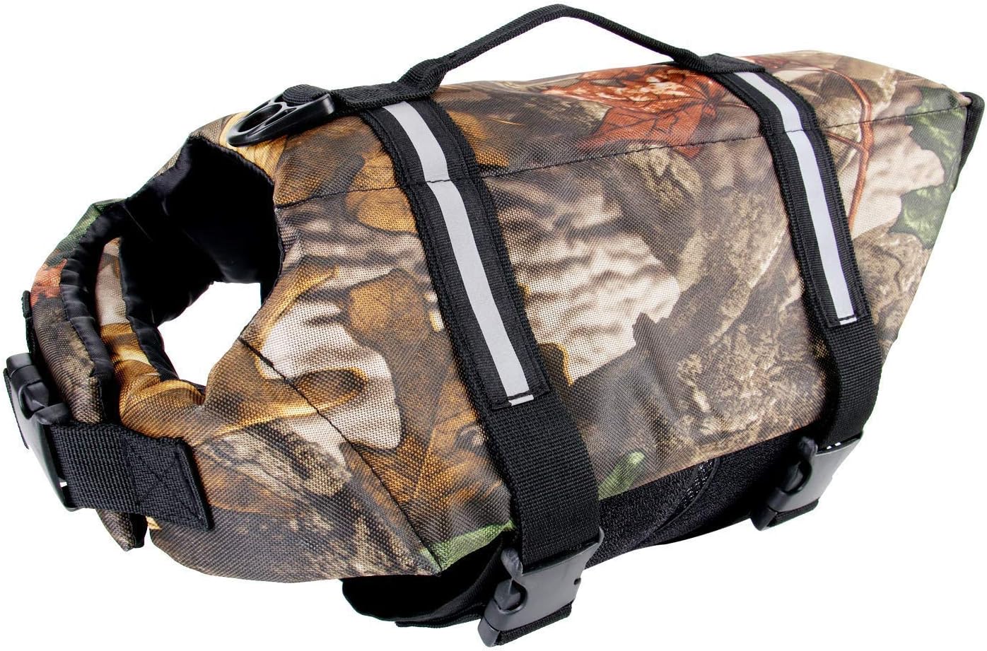 Yoyoung camo pet life preserver jacket front view on a swimming dog