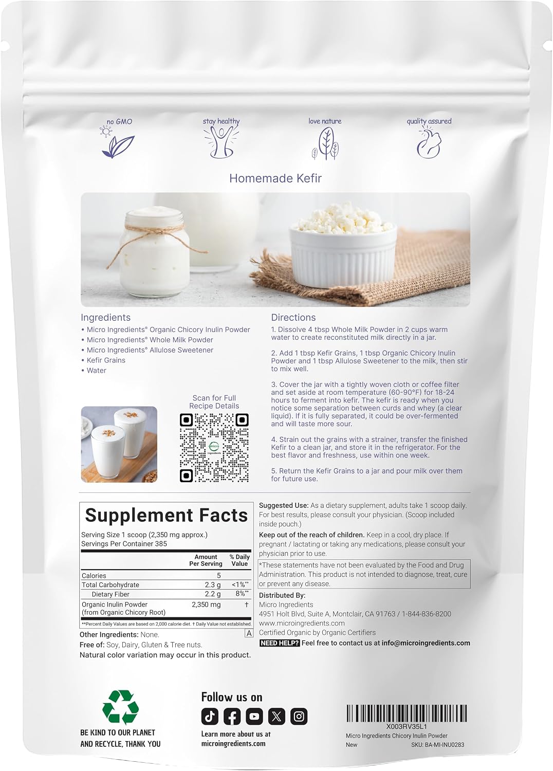Micro Ingredients Organic Inulin Fiber Powder label showing USDA organic certification
