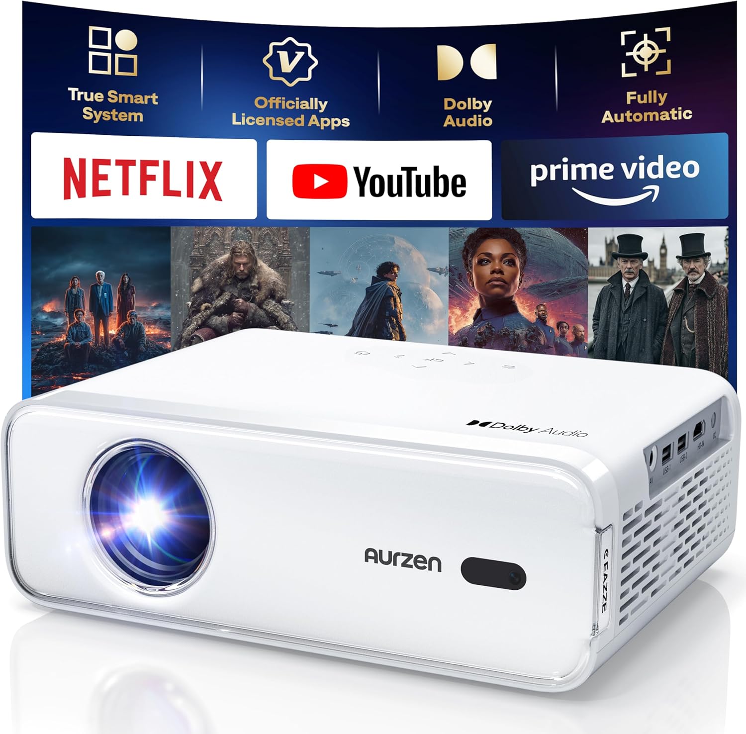 Aurzen EAZZE D1 Smart Projector front view showing premium compact design and high transparency lens.