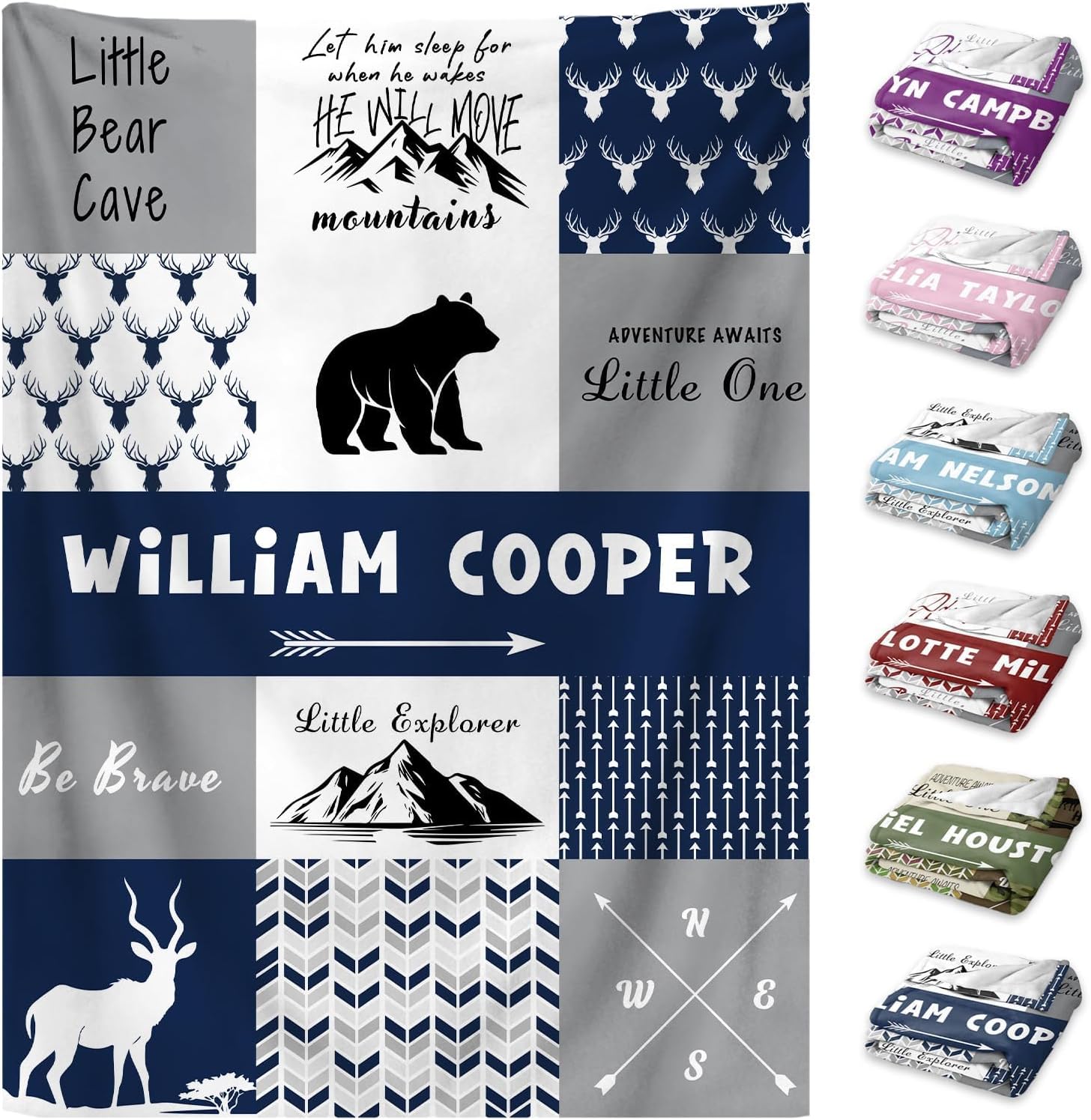 WNNNS personalized baby blanket front view showing custom name and woodland animal theme