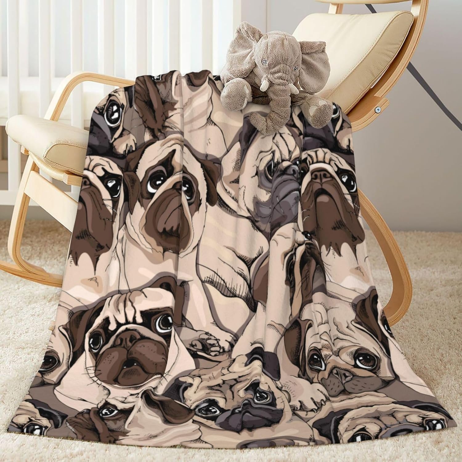 Duduho Cute Pug Dogs Animal Baby Blanket front view showing vibrant repeating puppy pattern.