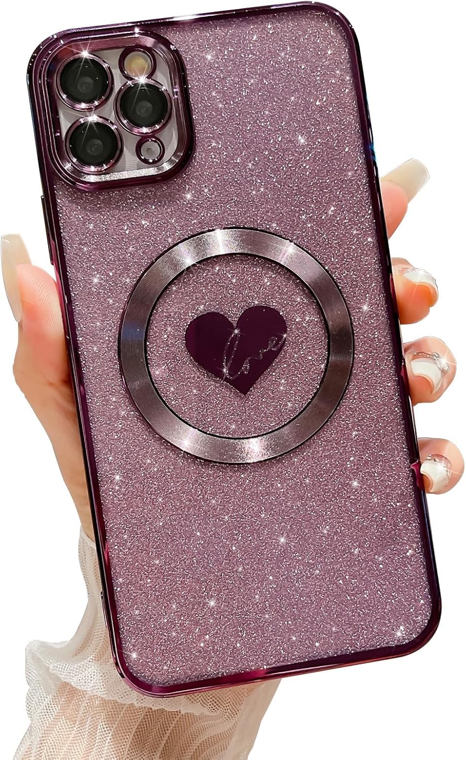 Compatible with iPhone 11 Pro Max 6.5 Inch Case with Magsafe, Plating Heart Glitter Magnetic Case for Women Girl TPU Camera Protection Back Cover for iPhone 11 Pro Max Pink - Image 10