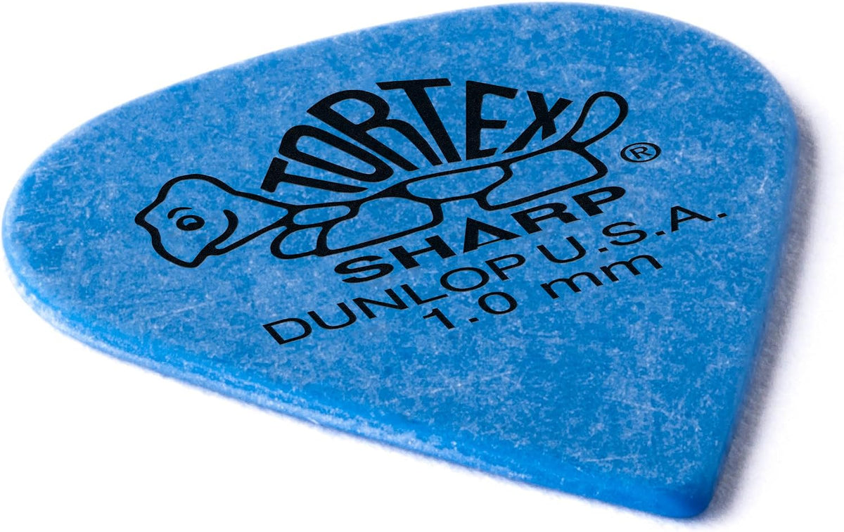 Jim Dunlop blue 1.0mm guitar picks closeup shot