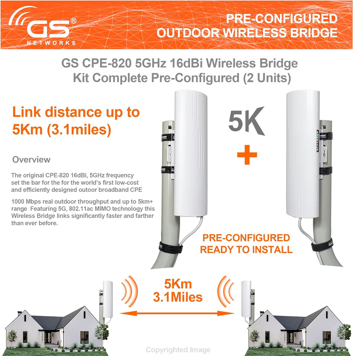 Good Story wireless bridge point to point outdoor network kit front view mounted on a pole