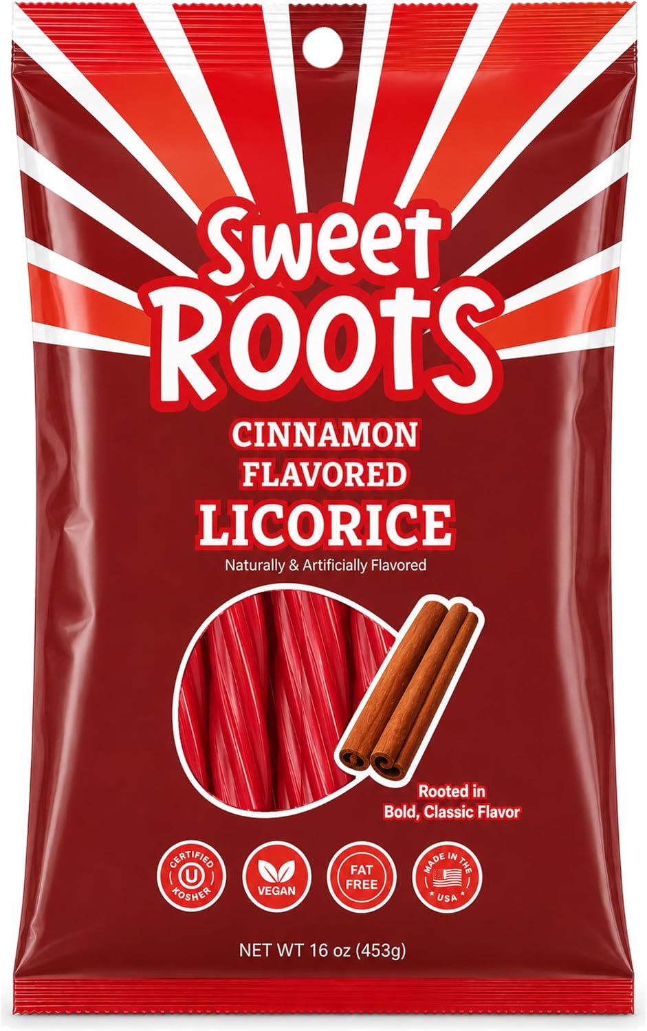 Back label of Happy Bites cinnamon licorice twists detailing kosher certification and vegan attributes.