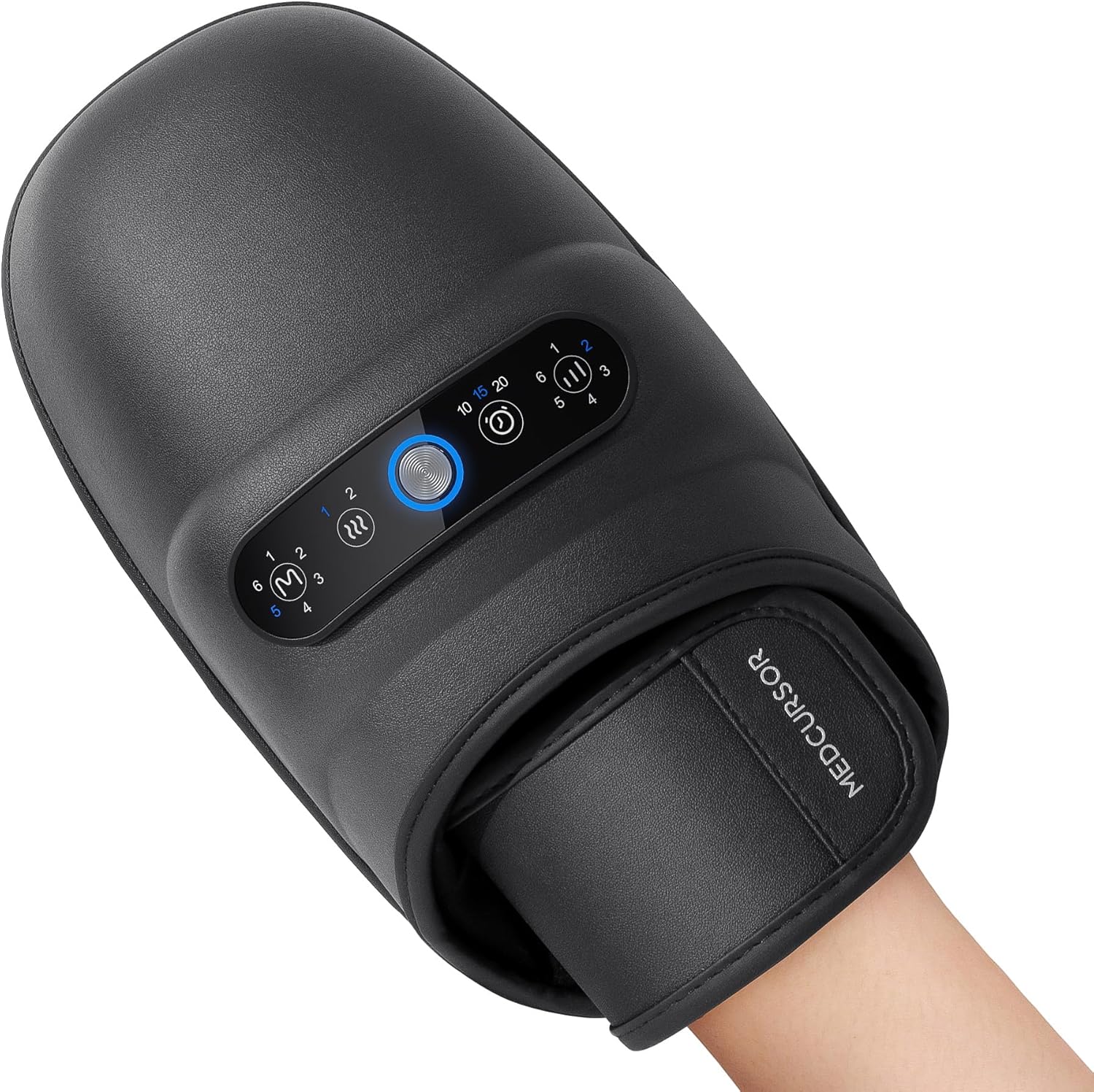 Medcursor cordless hand massager black front view displaying digital control panel buttons