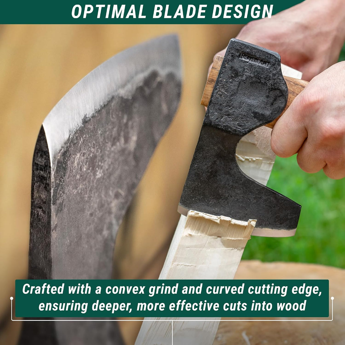 BeaverCraft camping hatchet displaying ergonomic ash wood handle