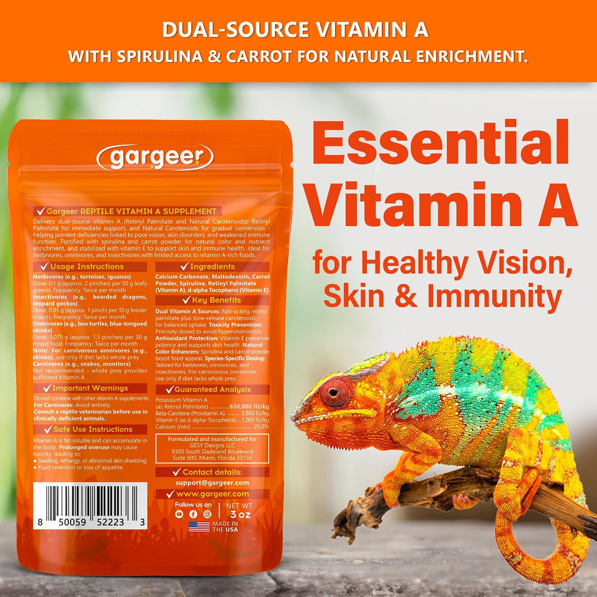 Close up of Gargeer Vitamin A Plus label showing Retinyl Palmitate and Beta-Carotene