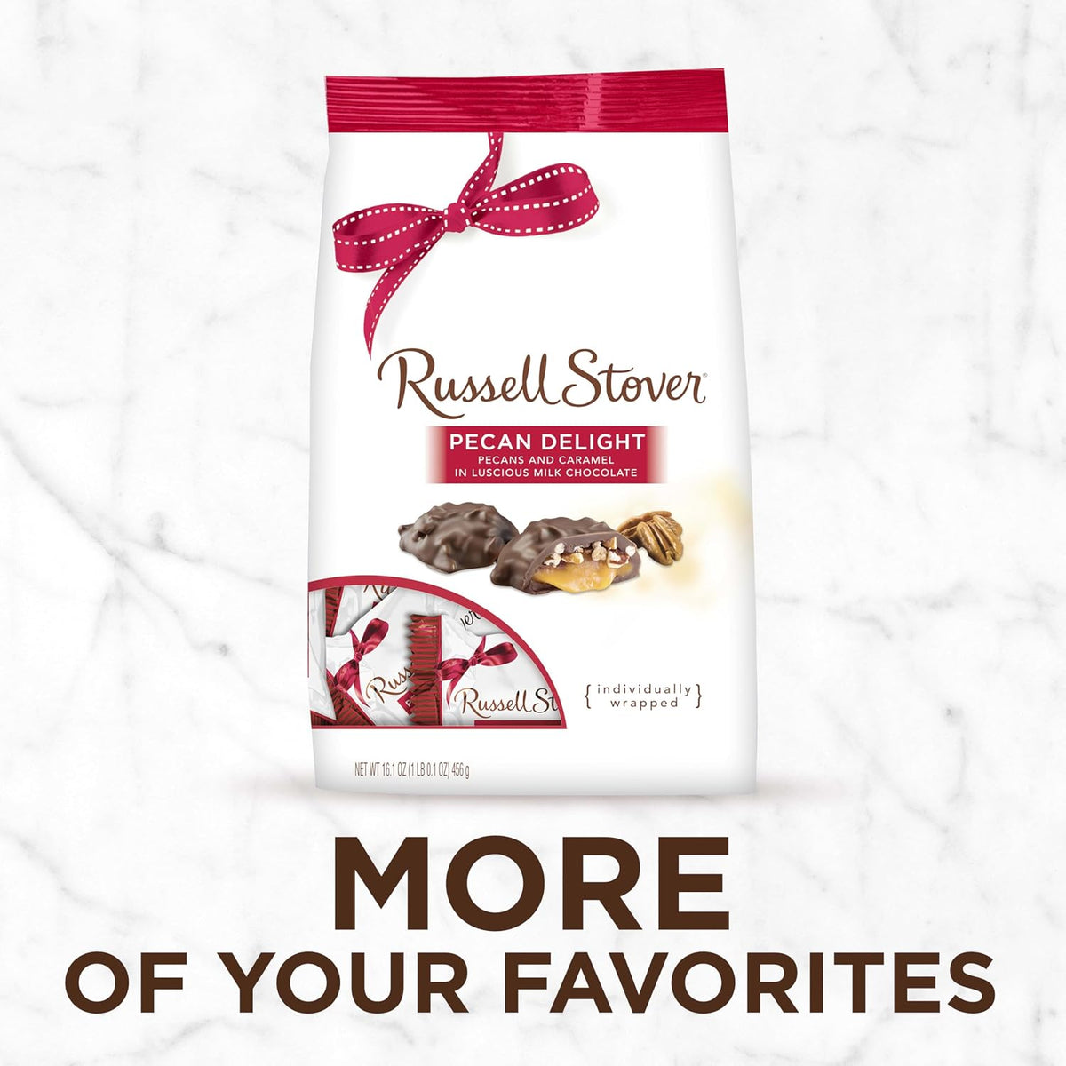 Top view of Russell Stover Pecan Delight chocolates spilled from gusset bag