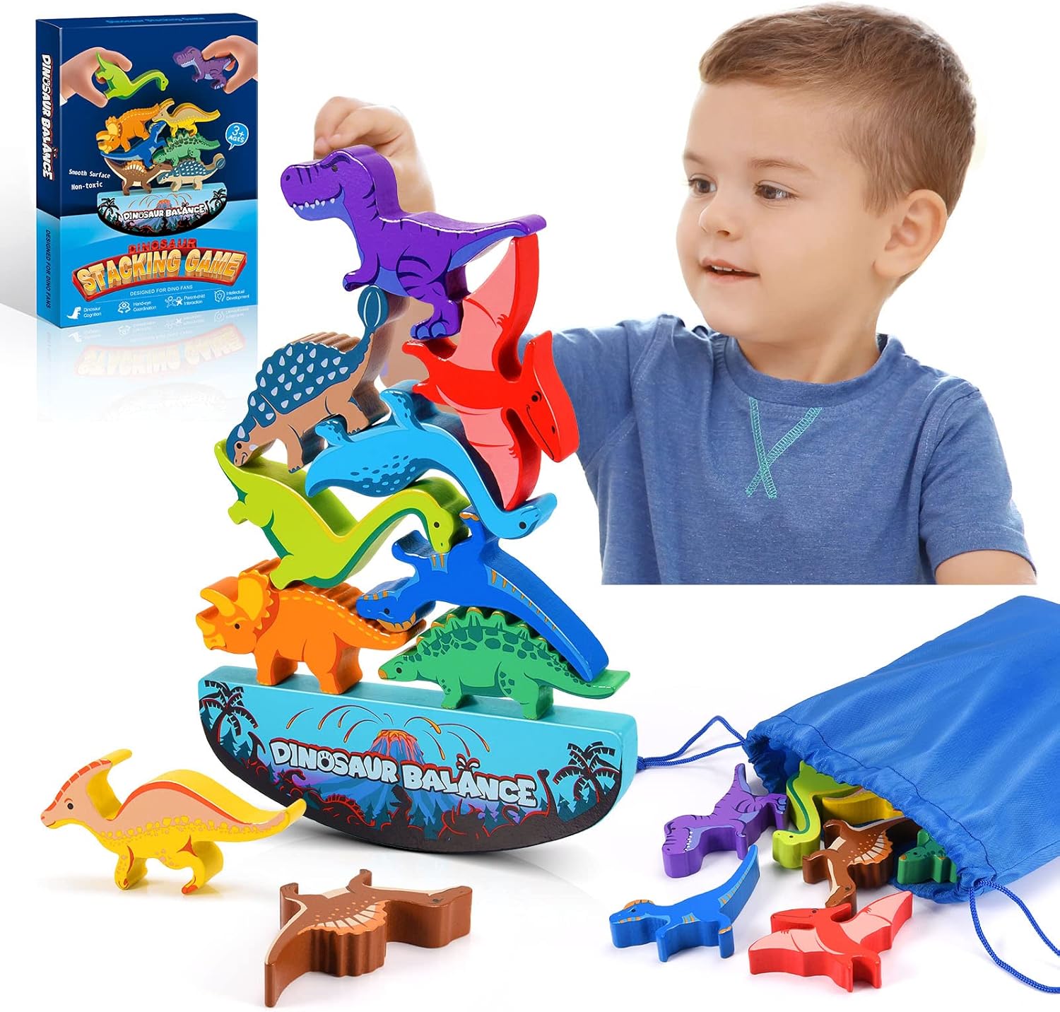 IPOURUP wooden dinosaur stacking toy set front view