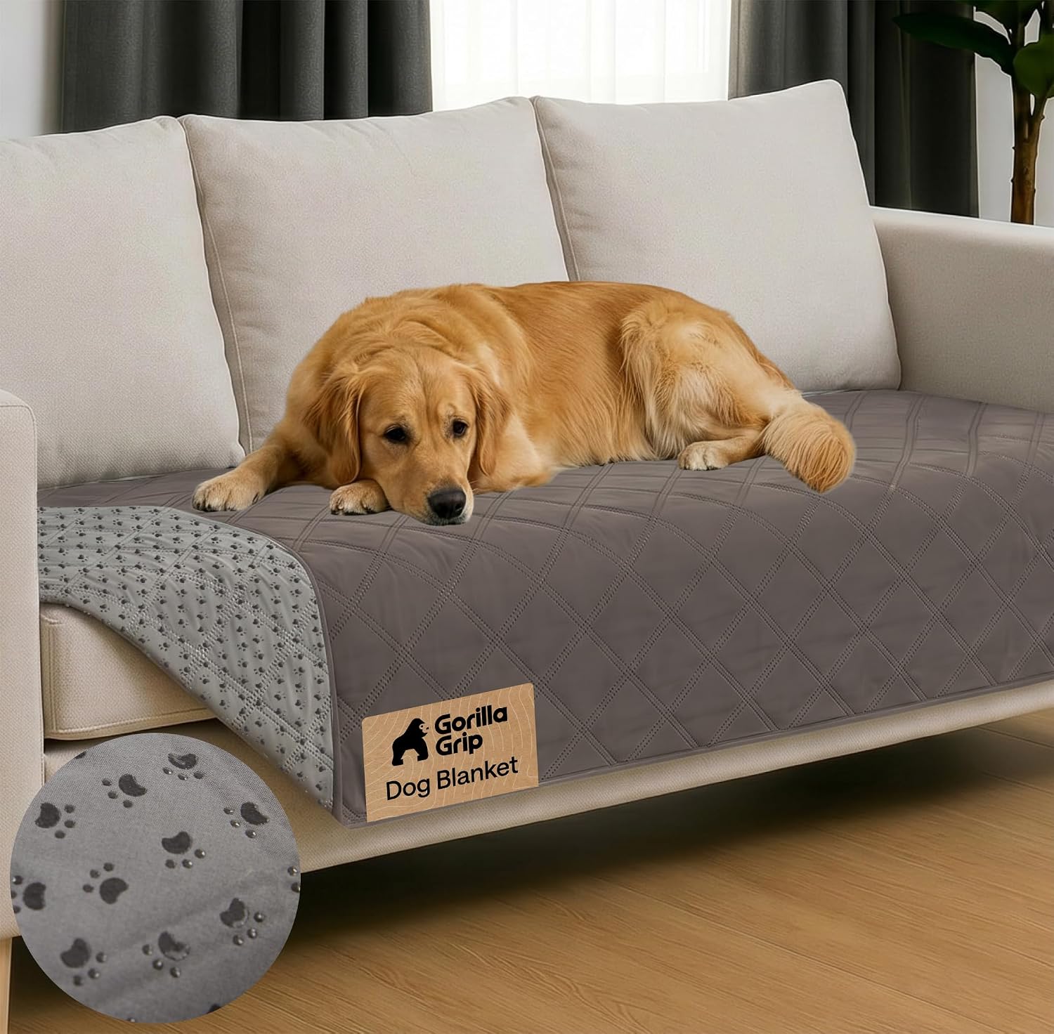 Gorilla Grip waterproof dog blanket front view draped over a living room couch.