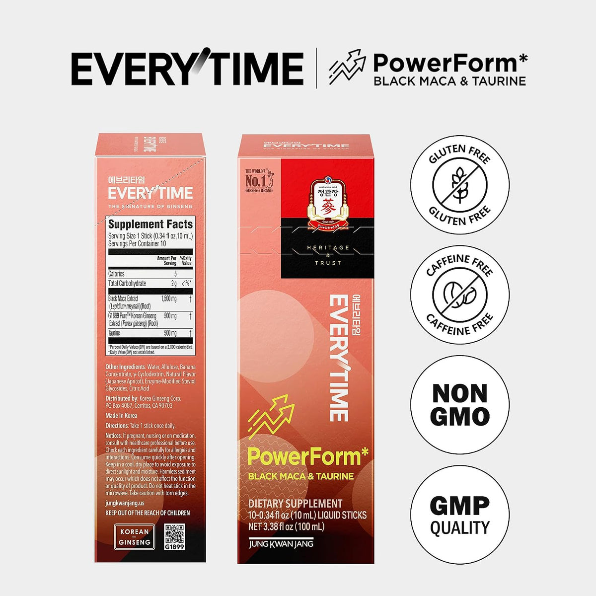 Jung Kwan Jang Everytime PowerForm individual stick showing caffeine free performance formula.