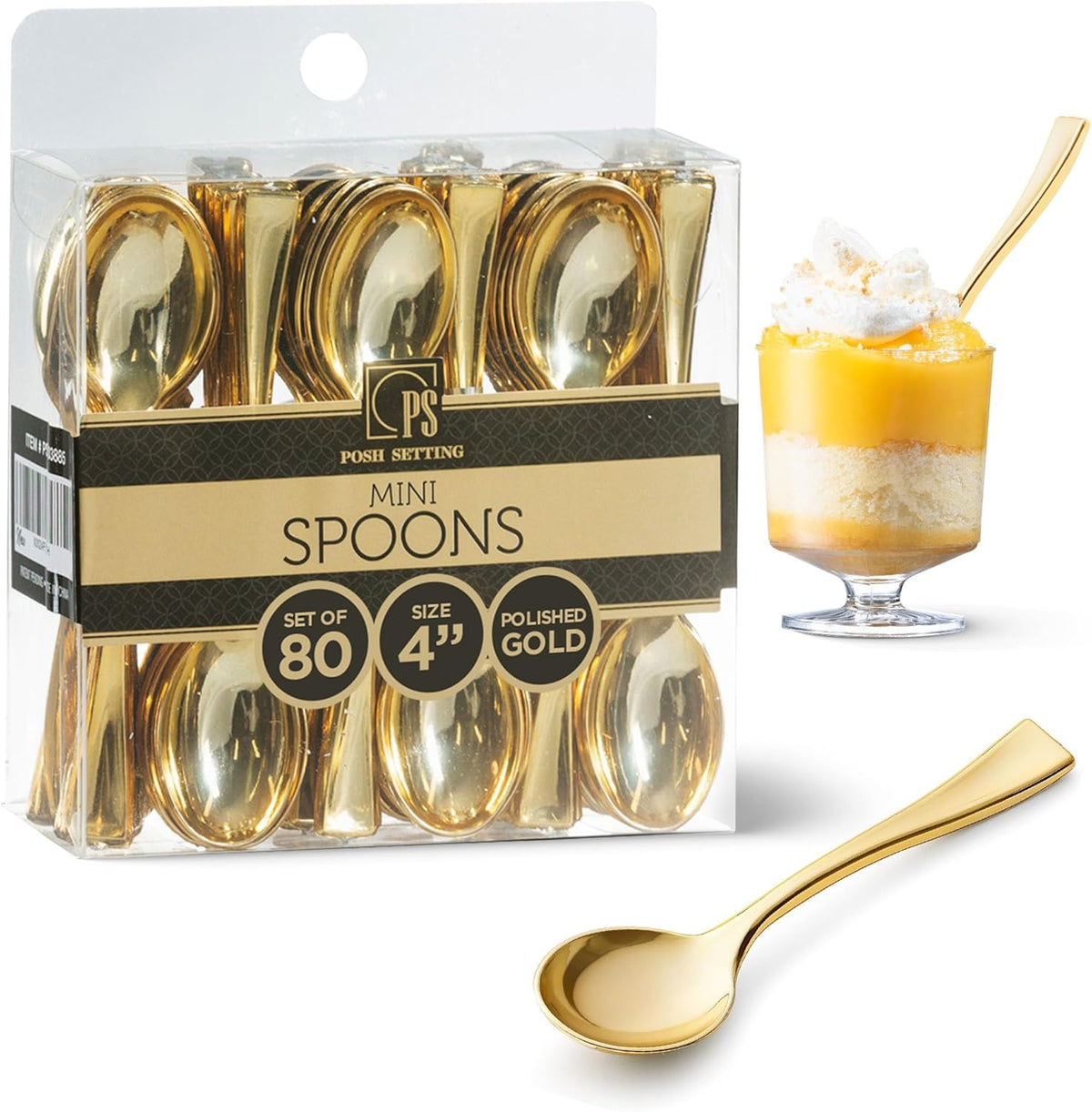 Posh Setting Plastic Mini Gold Spoons front view for catering.