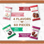 Russell Stover dark chocolate Mint Patty and Strawberry Crème variety pack layout