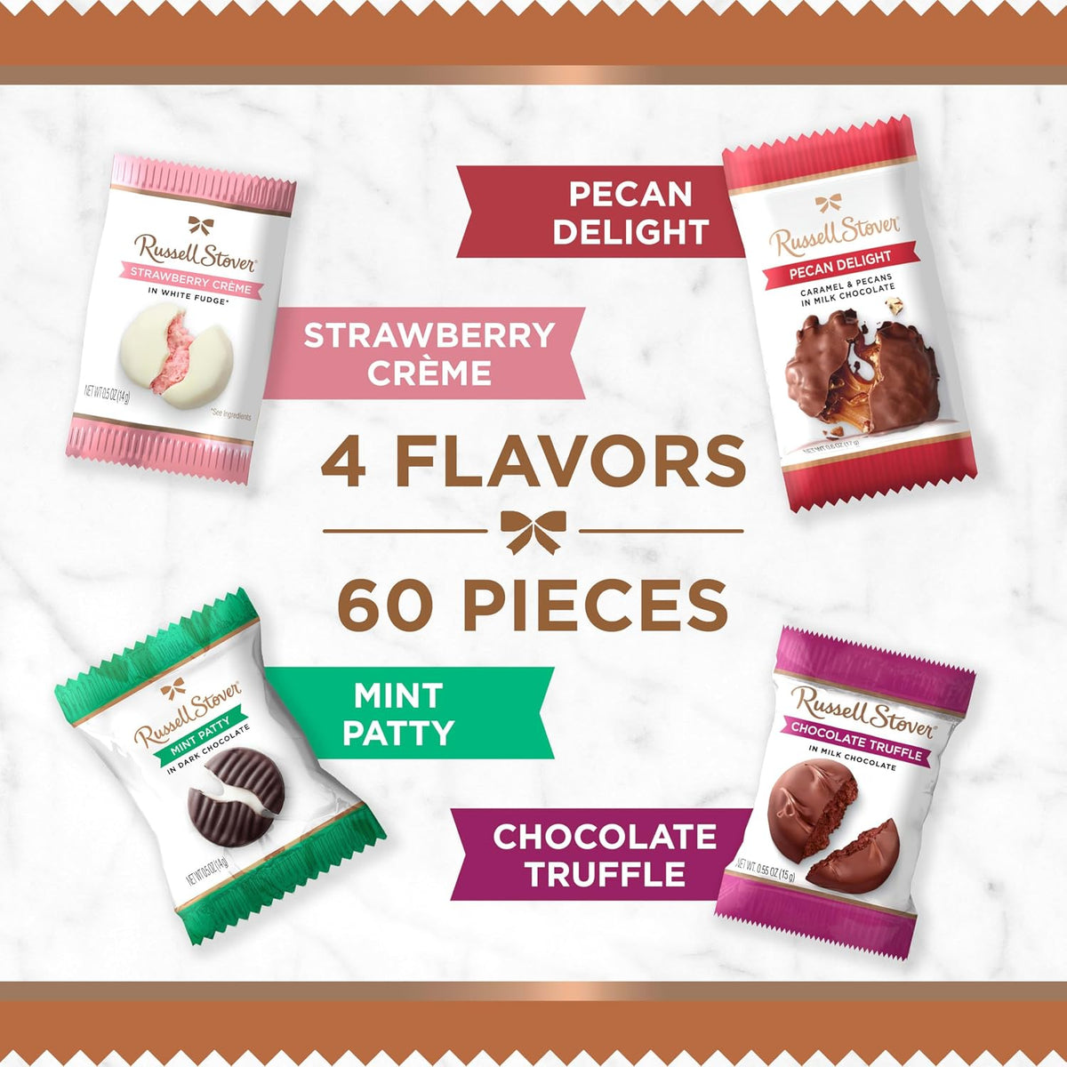 Russell Stover dark chocolate Mint Patty and Strawberry Crème variety pack layout