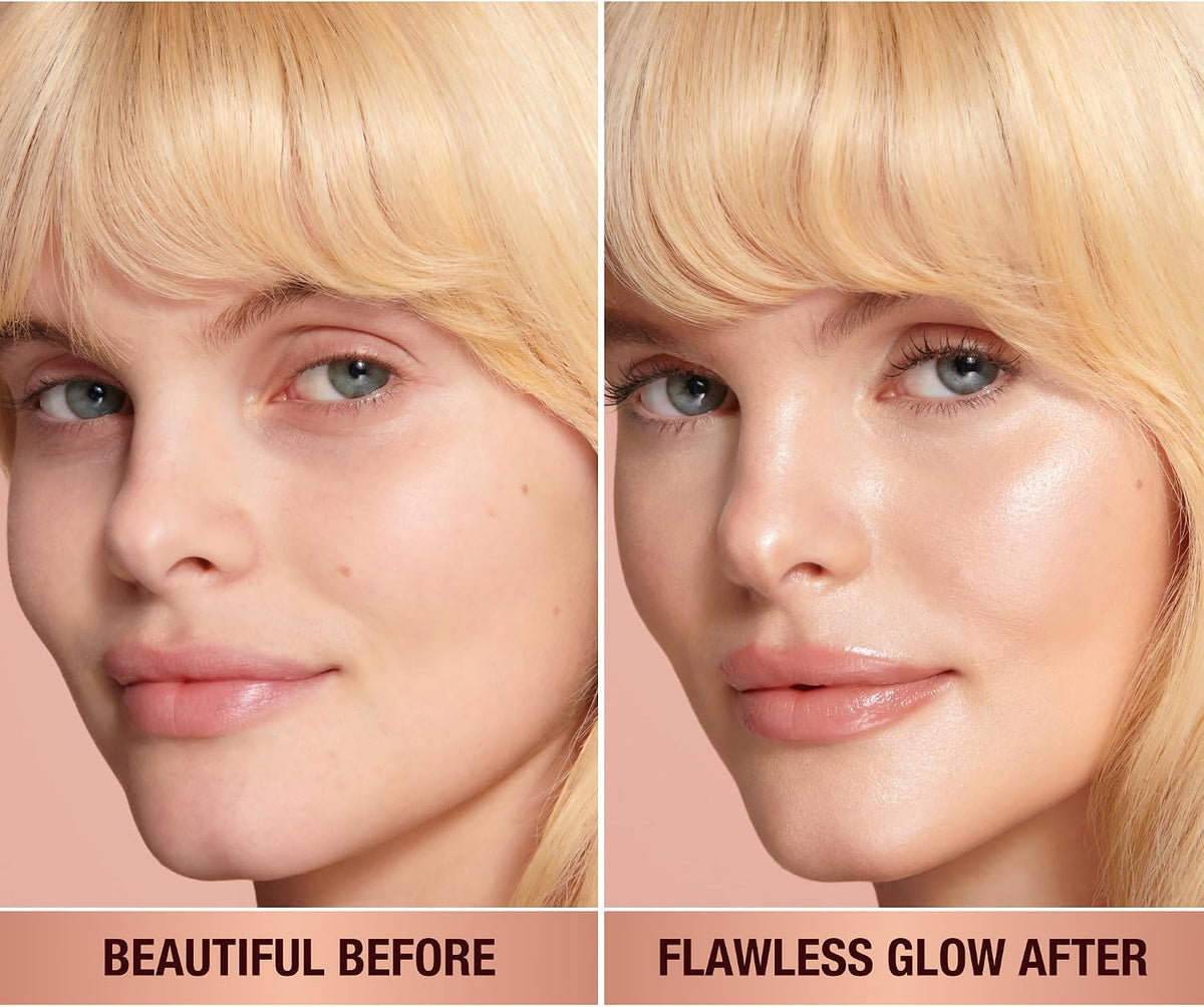 Charlotte Tilbury complexion booster liquid formula swatch for light to medium skin tones.
