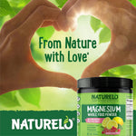 Naturelo magnesium powder serving scoop and product display