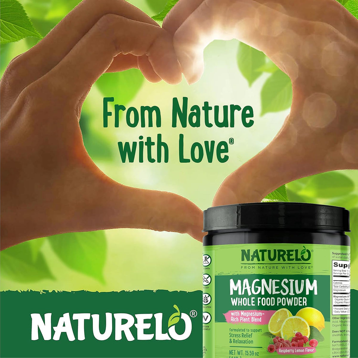 Naturelo magnesium powder serving scoop and product display