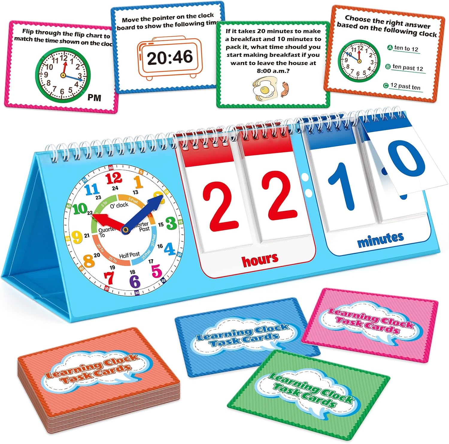 Torlam Learning Clock Flip Chart front view showing analog face and digital cards.