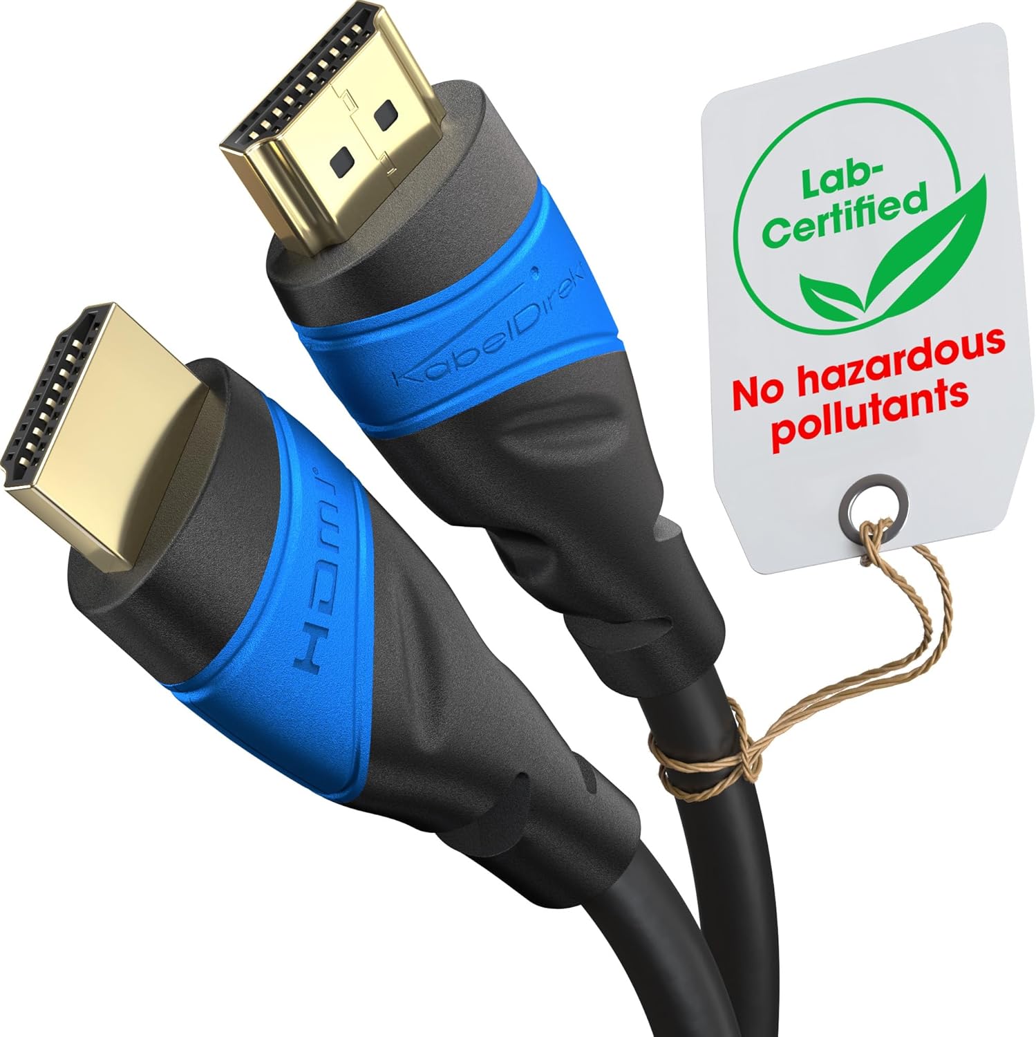 KabelDirekt 8K HDMI cable front view highlighting premium gold plated connectors.