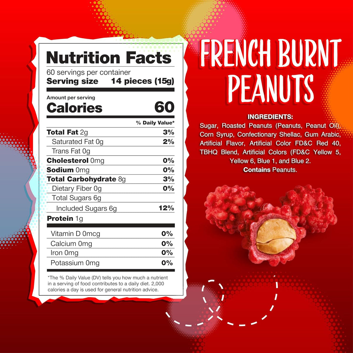 Sunny Island old fashioned candy showing bumpy red hard shell coated peanuts