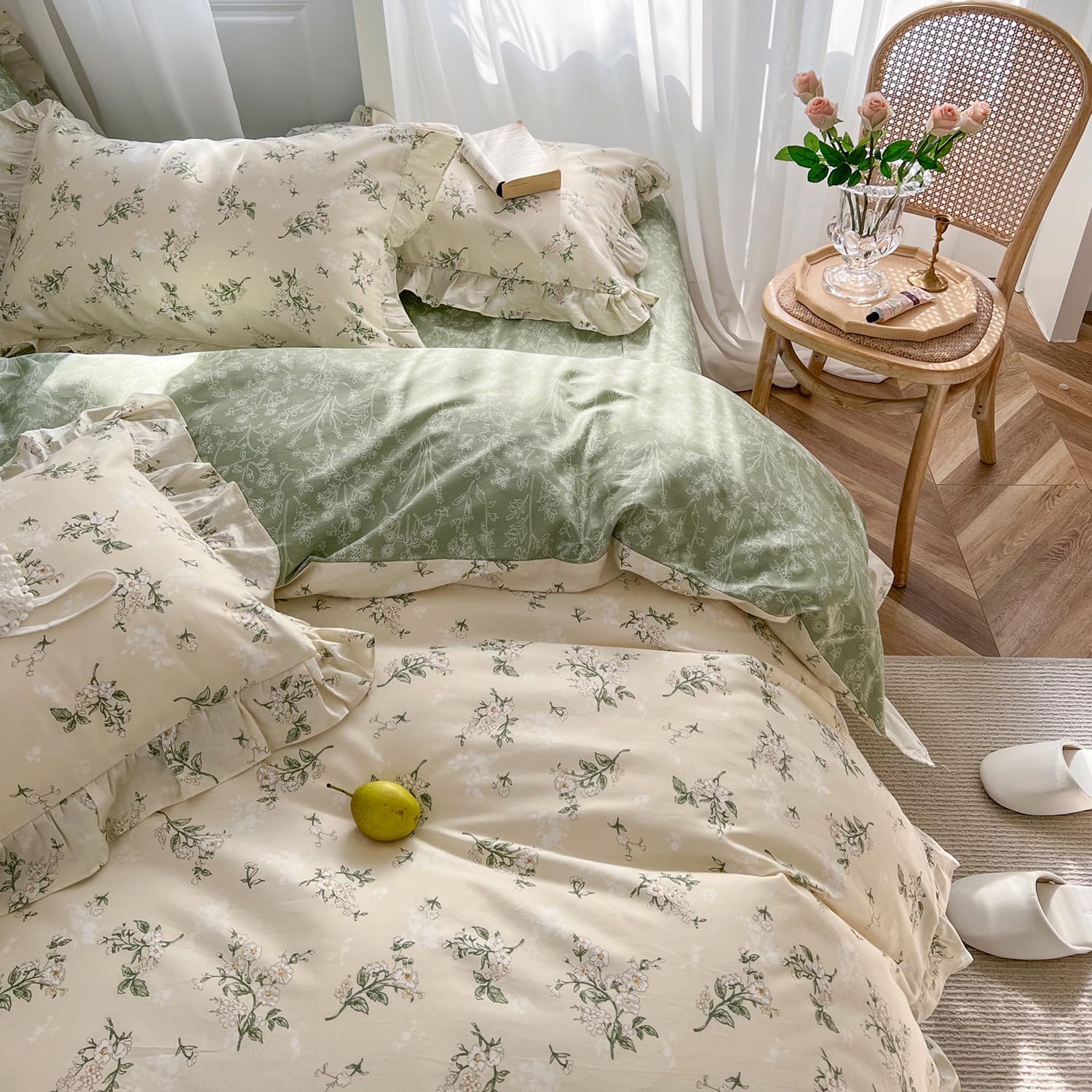 MKXI Botanical Floral Duvet Cover front view on queen bed with ruffles