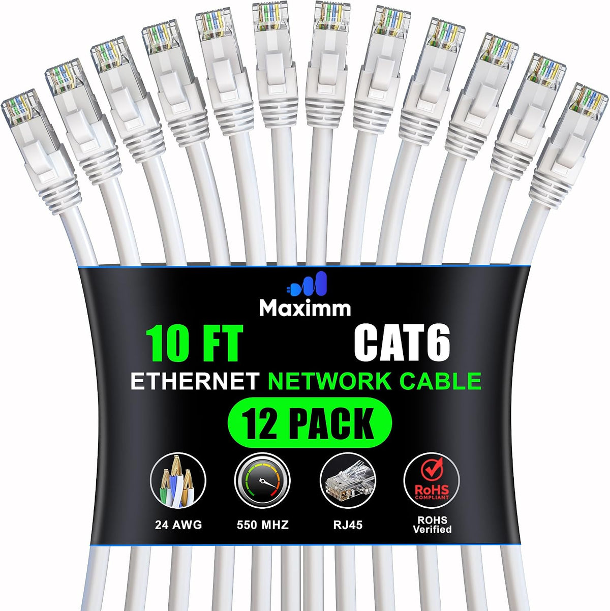 Maximm Cat6 Ethernet Cable 10 Ft Blue (12-Pack), 10Gbps 550MHz UTP Cord - Image 15
