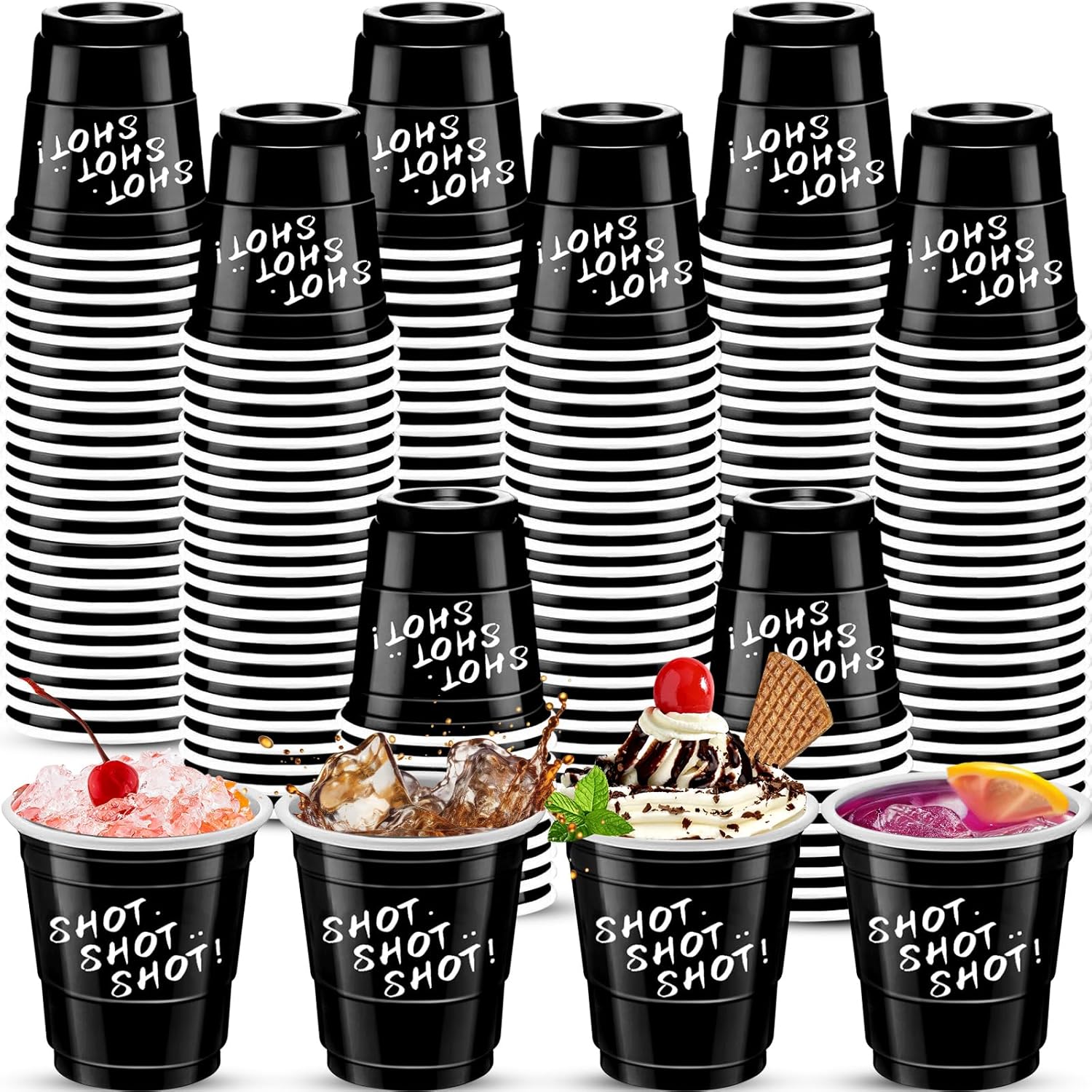 Cssopenss 120 count black plastic shot glasses front view for party planning.